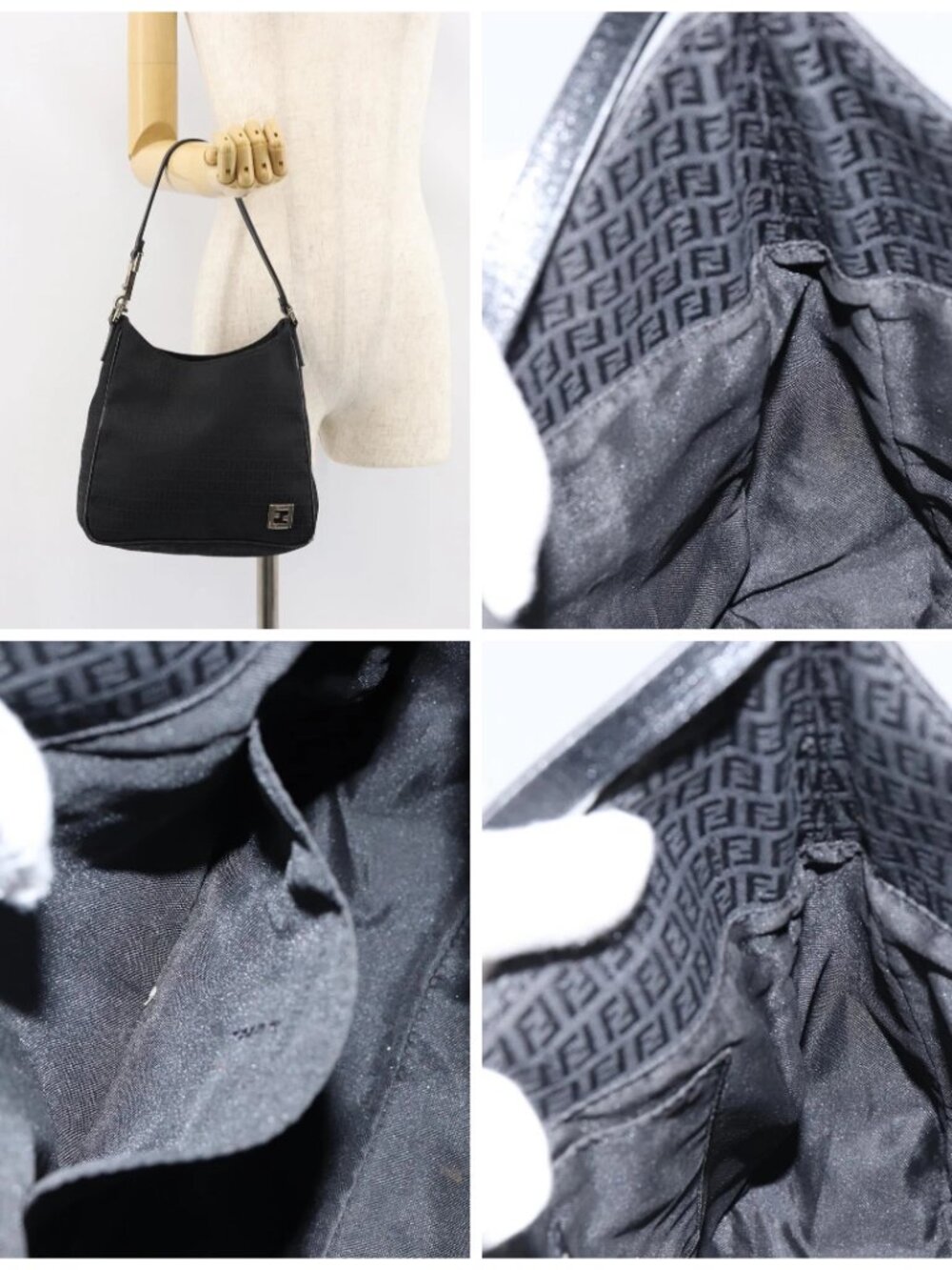 FENDI Zucchino Canvas Shoulder Bag Black Silver - Picture 16 of 16